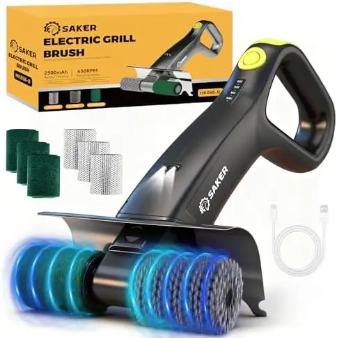 

Saker Electric Grill Brush – 450 RPM, LED Light, 3 Heads, Bristle-Free Cleaner for BBQ Grills