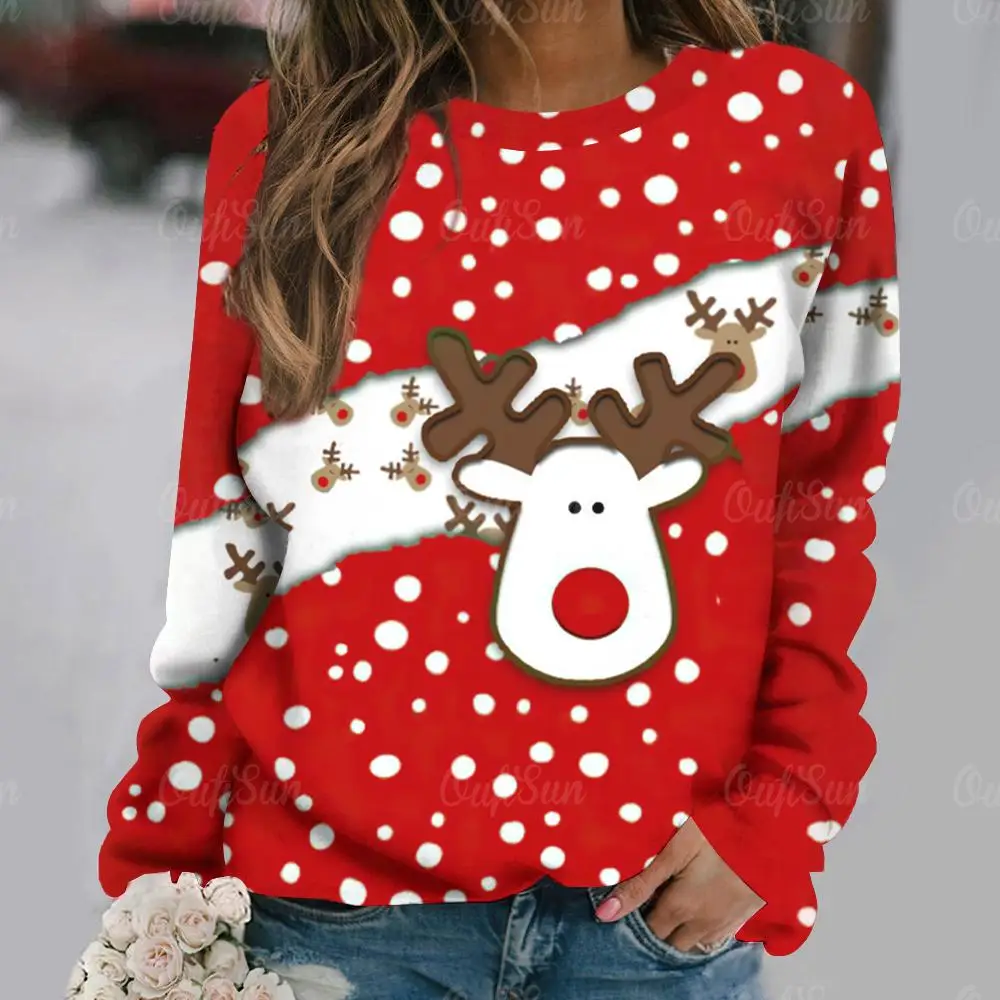 Christmas Women\'s Sweatshirt Designer Round Neck Long Sleeve Loose Casual Fall Red Plaid Fake Zipper Elk Fun Graphic Print Tops