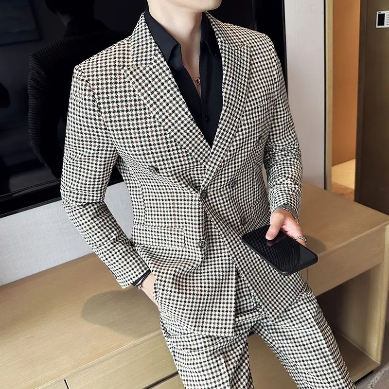 Pakaian setelan kasual pria, 3-G15 Houndstooth jaket kasual double-breasted untuk pria Inggris bisnis ramping gaya Korea setelan trendi