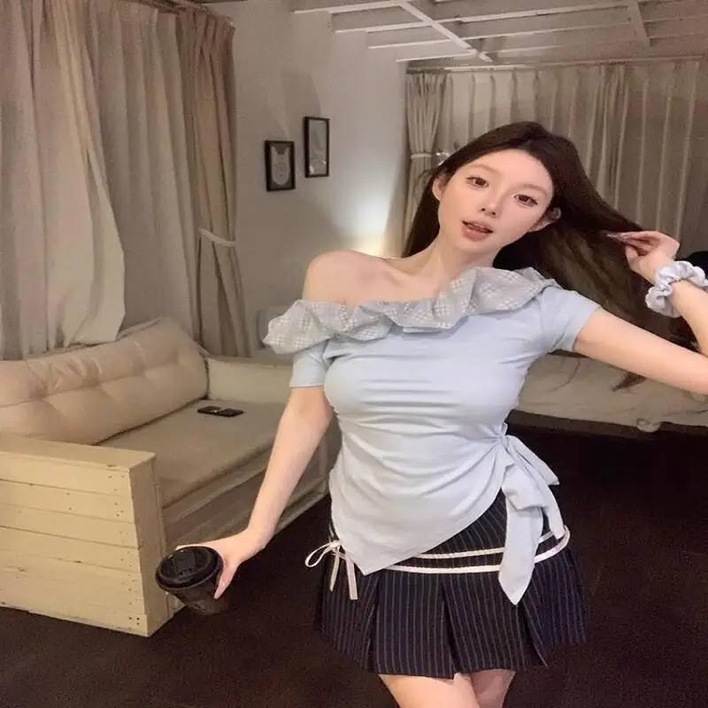 Korean Ruffled Off-The-Shoulder T-Shirt for Girls Summer New Style Girl Students Can Wear Fashion Trend Outdoors When Shopping