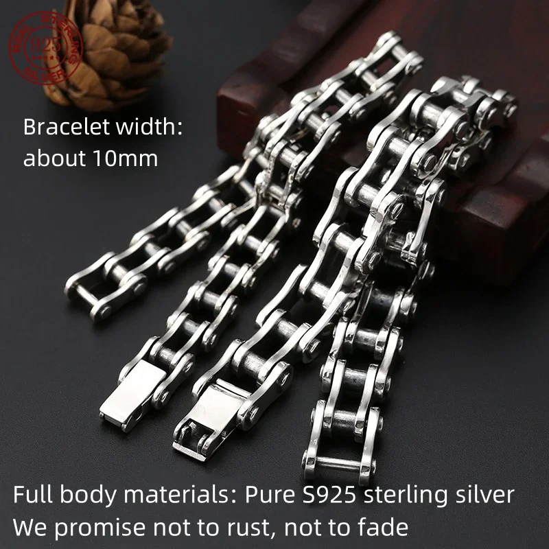 Real S925 sterling silver bike chain 10mm vintage men's bracelet Fashion Creative Punk style motorcycle chain bracelet