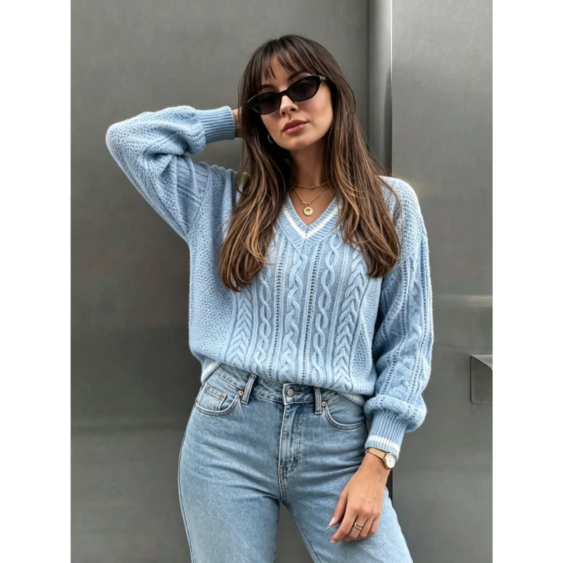 2026 Autumn Winter Women New Preppy Chic Color Block V Neck Lantern Sleeve Cable Knitting Loose Pullover Vintage Sweater Top
