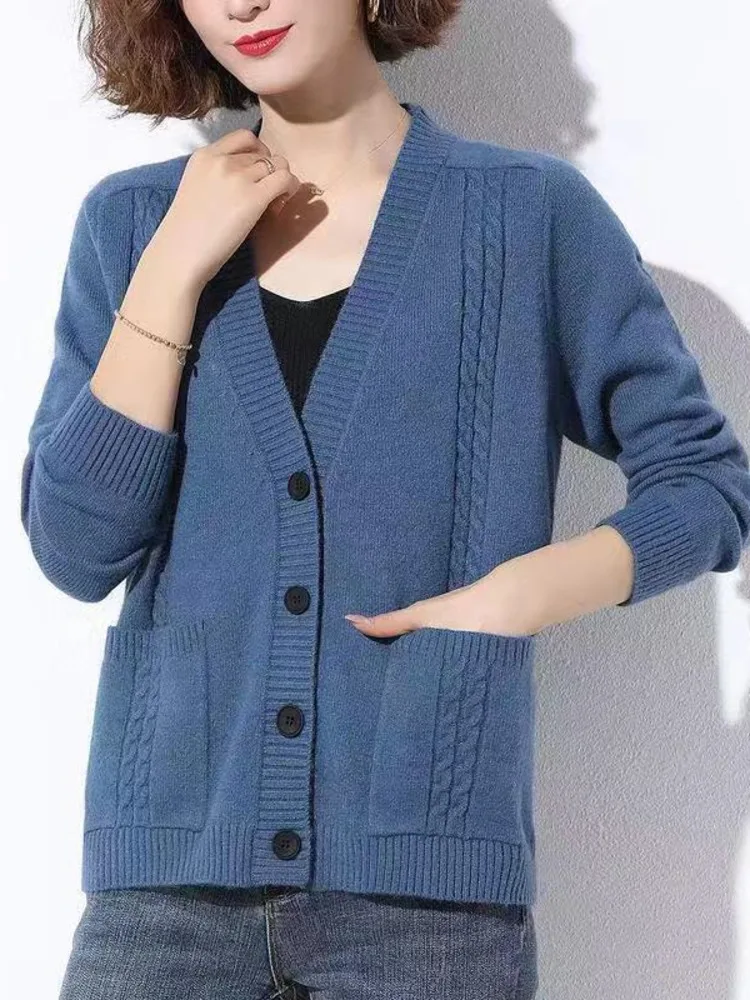 Knitted Cardigan Women Long Sleeve Vintage Solid Color Single-breasted V Neck Knitting Cardigans Chic Tops Fashion New 2023