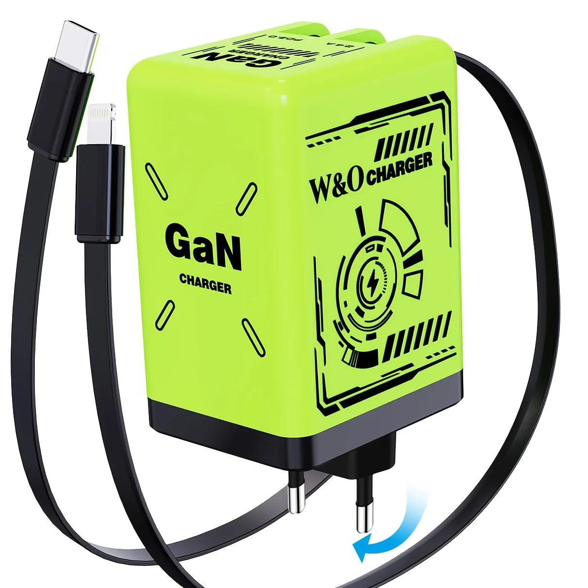 GaN-Ladegerät mit einziehbarem Kabel, schnelles Ladegerät, Typ-C-Lichtkabel, tragbarer Adapter für iPhone, iPad, Laptop, Samsung, Xiaomi