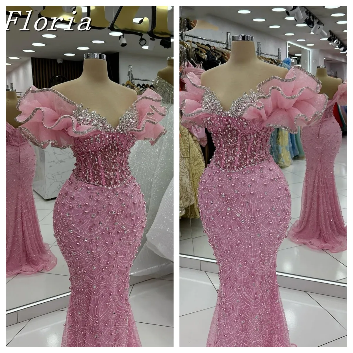 

Hot Pink Vintage Off Shoulder Pearl Mermaid Designer Evening Dress Customized Ruffles Awards Ceremony Dress Birthday Party Dress
