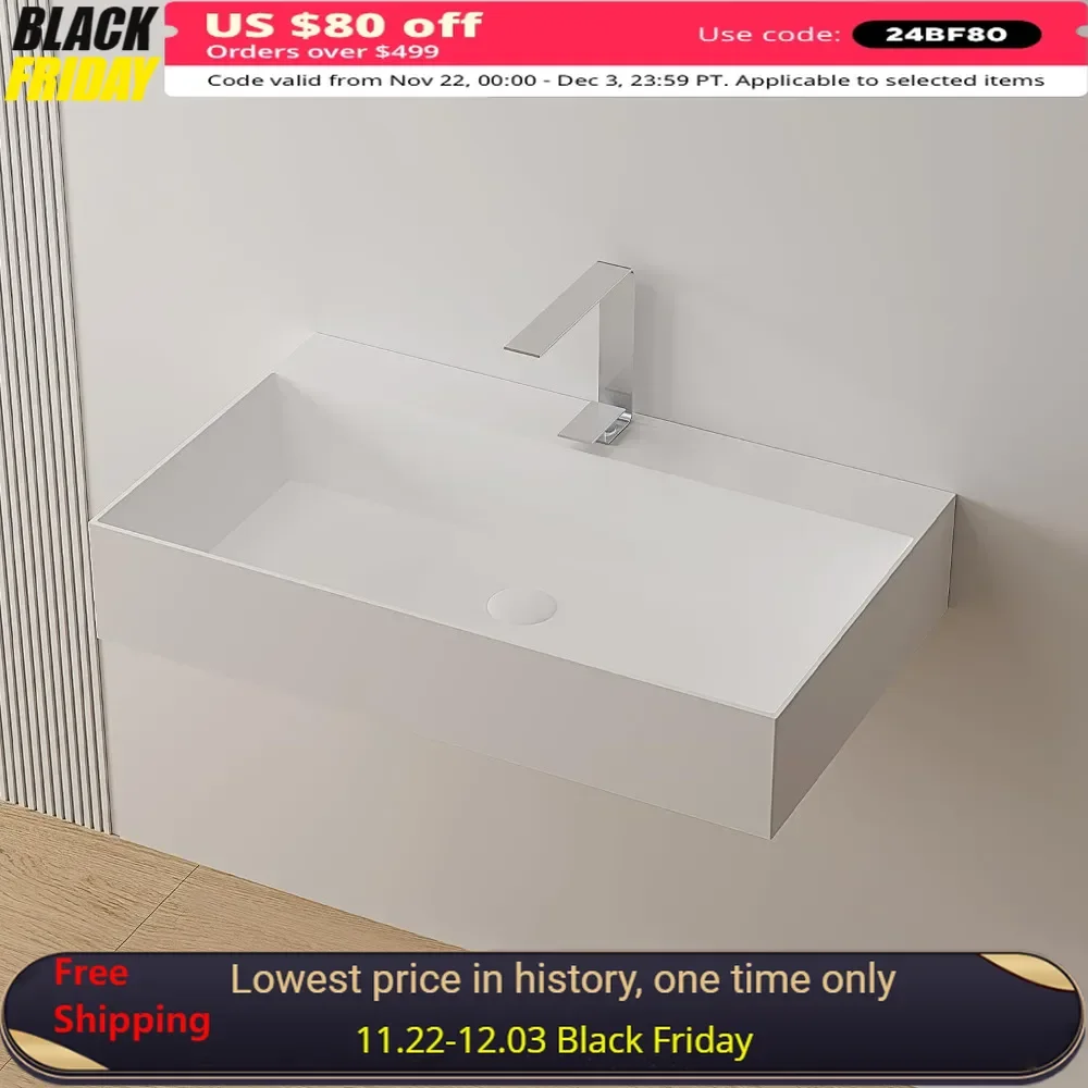 30x18 inch Wall-Mount Stone Resin Bathroom Sink with Faucet Hole, Floating Vessel Sink with Pop Up Drain Set Above Counter,White