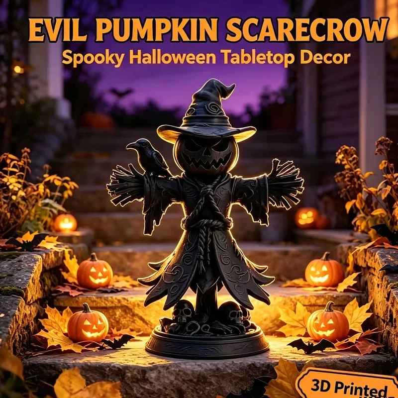 Gothic Pumpkin Scarecrow with Crow Miniature Statue 3D Printed Halloween Spooky Home Desktop Ornament Decor Horror Figurine Gift