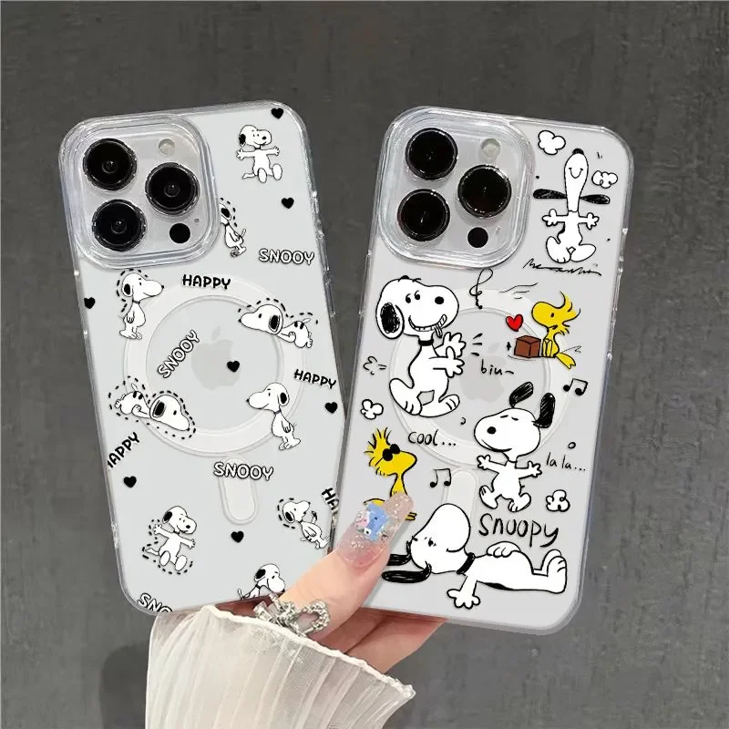 Creative Cool Snoopy Happy Lovely Cute Magsafe Phone Case For iPhone 16 15 14 13 12 11 Pro Max Plus MINI Y2K Lucky Kawaii Cover