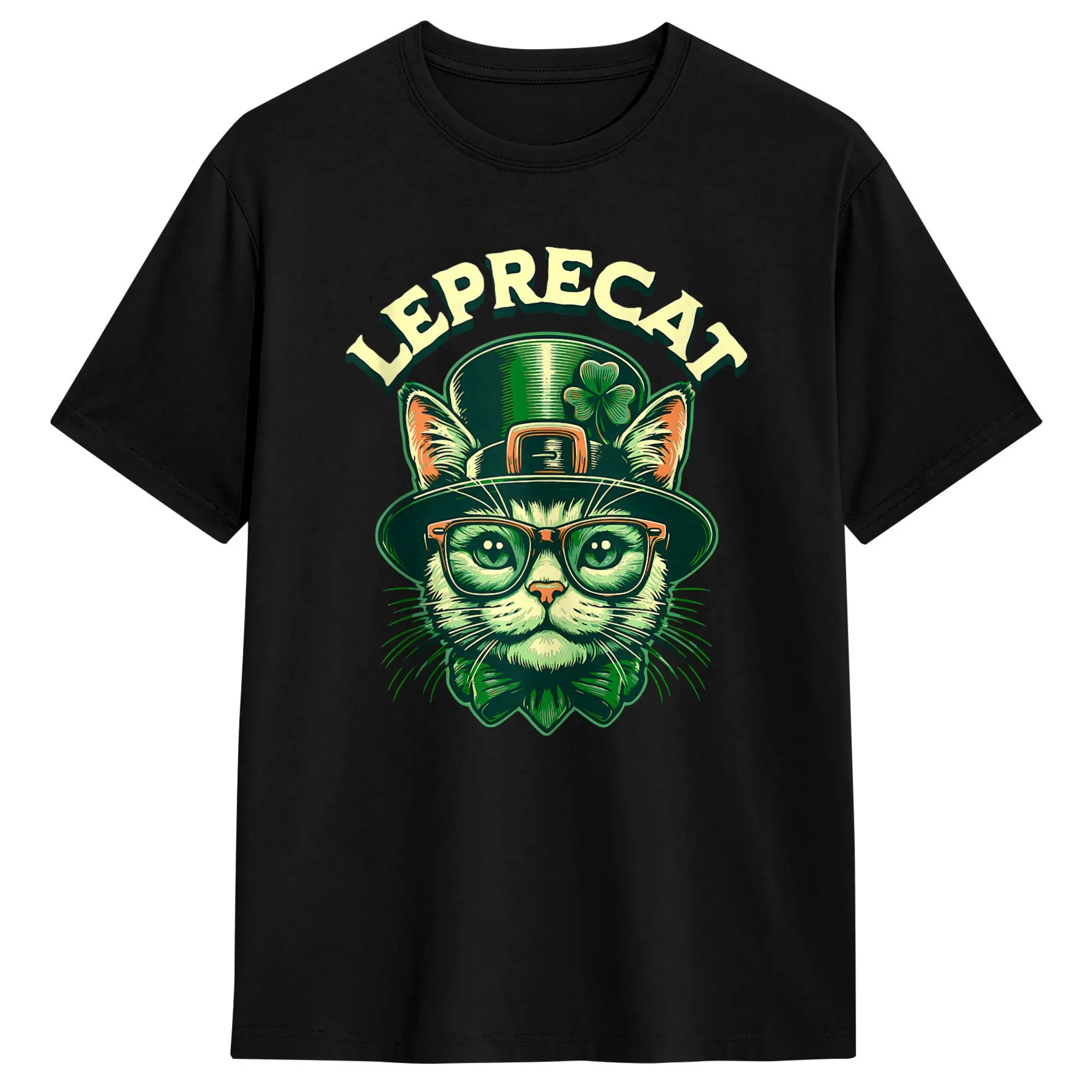 Leprecat Saint Patrick Cat Funny St. Patricks Day Party T Shirts for Men Cotton Awesome T-Shirts Crew Neck Tees Tops Plus Size