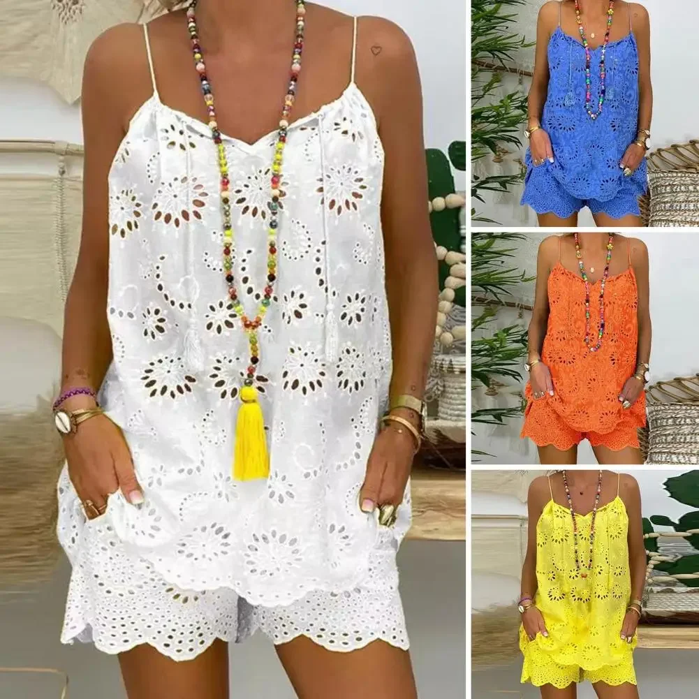 

2Pcs/Set Chic Summer Outfit Drawstring Tassel Dressing Up Pockets Sling Vest Top Wide Leg Shorts Set