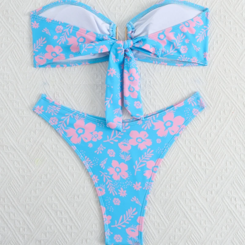 Blue Strapless Bikini Sexy Print Floral Comfortable Two-pieces Swimsuit
