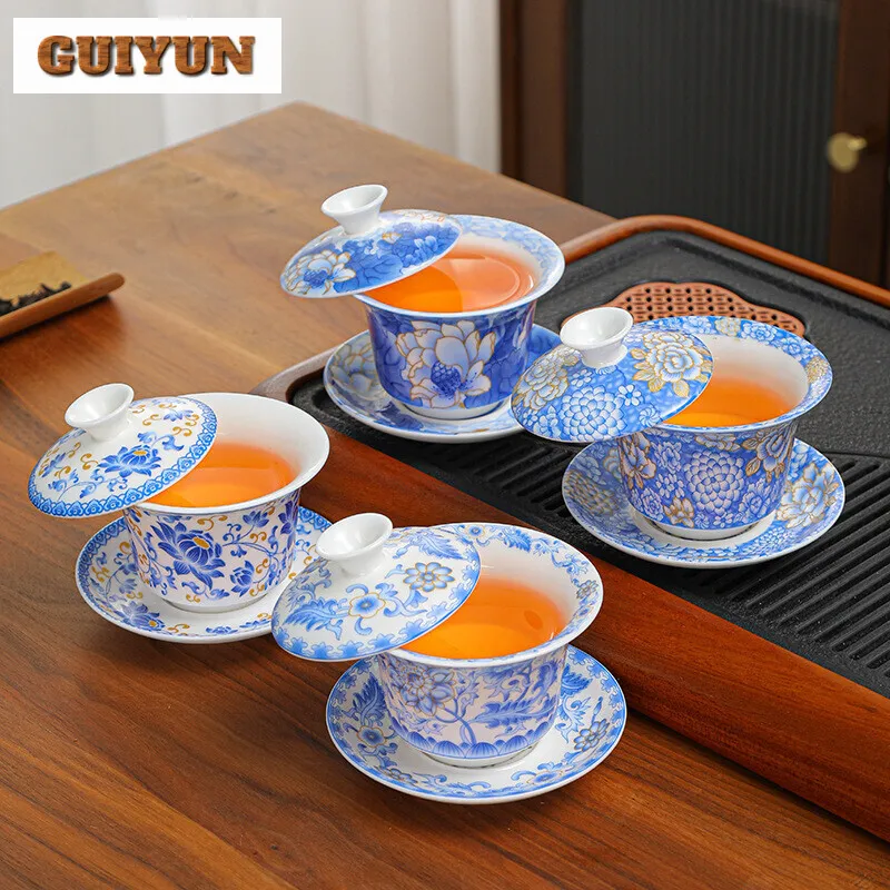 

150ml Blue and White Handmade Cover Bowl Household Anti Scald Gaiwan Elegant Tea Tureen Tea Making Drinkware Decoration Gifts