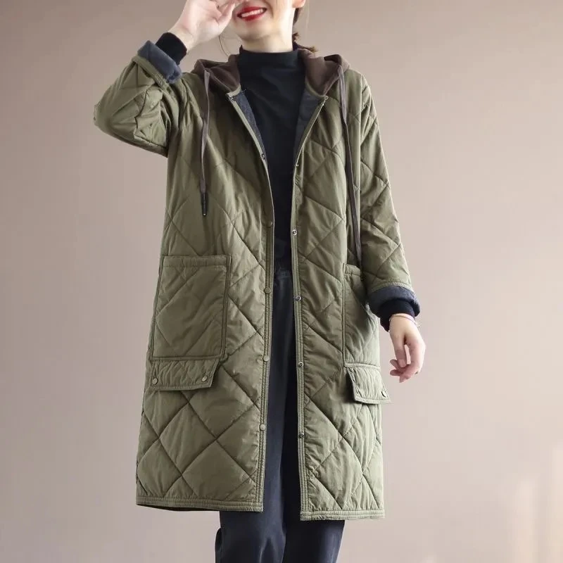 2024 Autumn Winter New Long Jacket Femmes Quilted Warm Women Hooded Lightweight Coat Black Khaki Oversize Parkas Padded Outwear