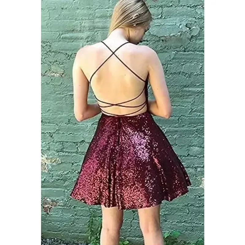 

Женские платья для встречи выпускников с пайетками на шее, короткое вечернее платье с открытой спиной, синее платье с пайетками, коктейльные платья