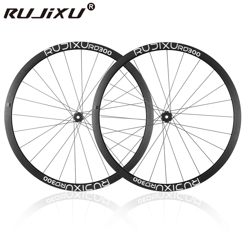 

6 pawls RUJIXU RD300 Road Bike Tubeless Disc Brake Wheelset Aluminum alloy Aero Wide Rim Thru Axle Loud Hub Bicycle Wheel