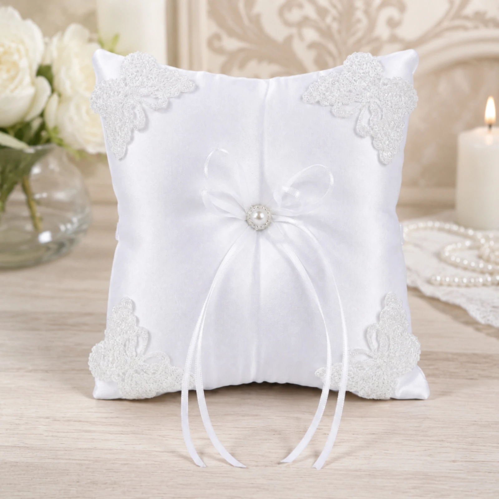 Wedding Band Pillow Satin Band Bearer Pillow Square Elegant for Bride, Photo Styling