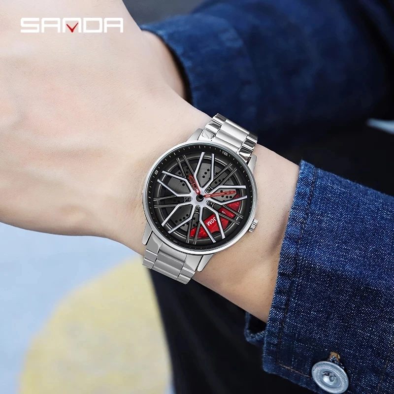 Fashion 360° Spinning Sanda 2024 Top Brand Full Steel New Flagship Men Quartz Unique Racing & Furious Rotating Wheel Gifts Watch