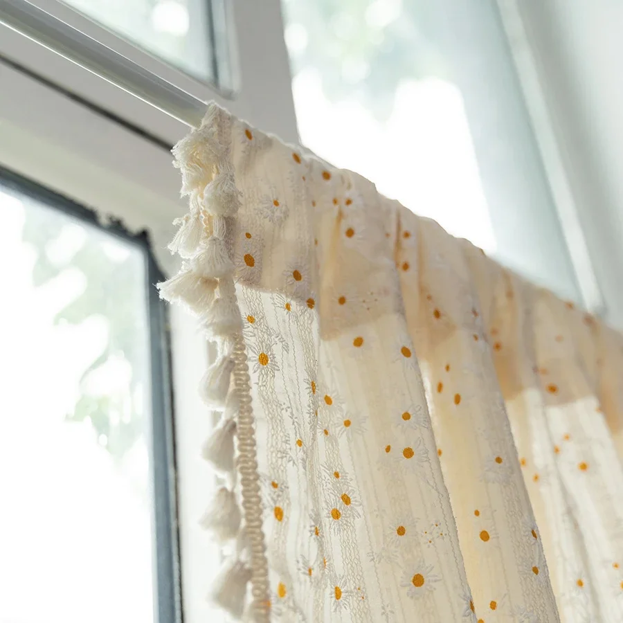 Hairball Tassels Short Curtains Small Fresh Daisy Floral Embroidery Curtian for Kitchen Window Dining Door Partition Decoration