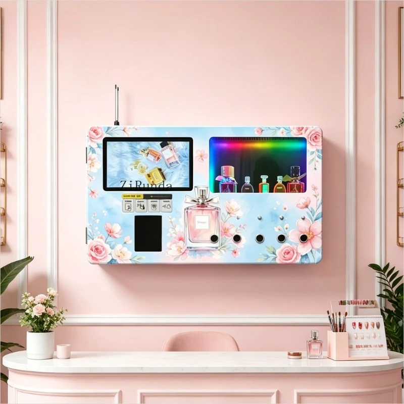 A mais recente máquina de venda automática de perfumes pequena e montada na parede está equipada com tela sensível ao toque.