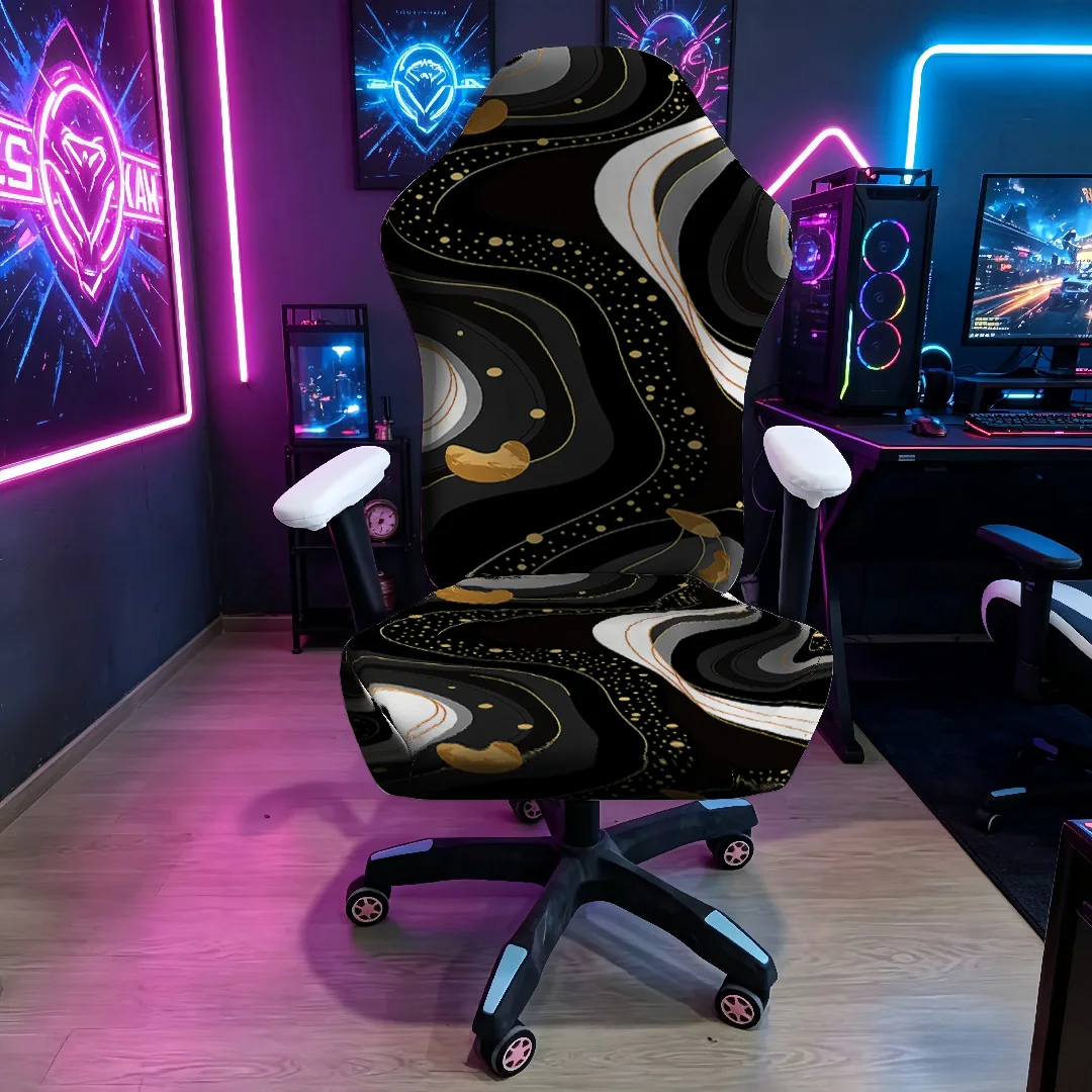 1PC Black Gold Fluid Marble Gaming Chair Cover, E-sports Stretch Elastic Anti-Scratch Slipcover for Gamer & Office Chair