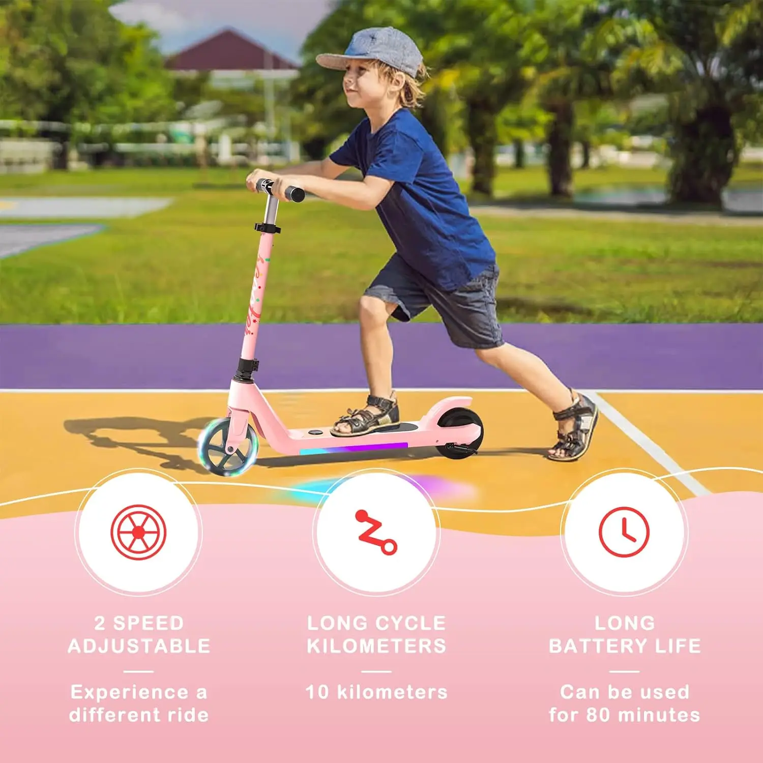 Patinete eléctrico para niños de 6 a 10 años, patinete Kick-Start Boost con velocidad y altura ajustables, rueda flash y luces de cubierta