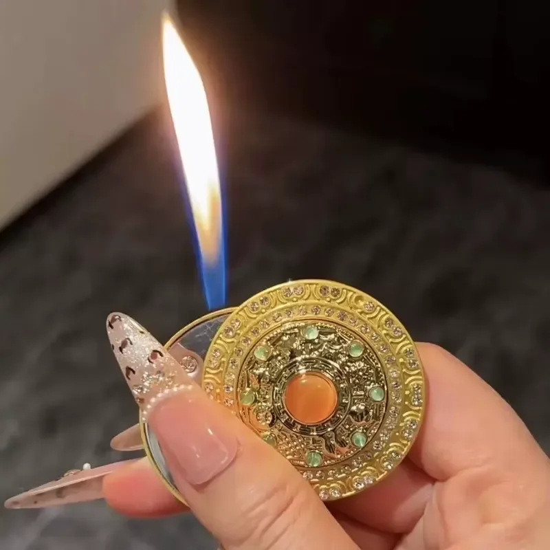 Creative Rotating Gyroscope Lighter Metal Inlaid Diamond Stress Relieving Open Fire Outdoor Portable Cigarette Lighter