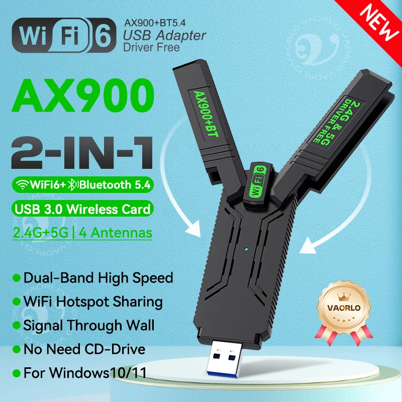 

AX900 WIFI6 USB Adapter 2IN1 Bluetooth 5.4 900Mbps WiFi 6 Dual Band 2.4G&5G 802.11AX USB3.0 Wireless Card Receiver For WIN10/11