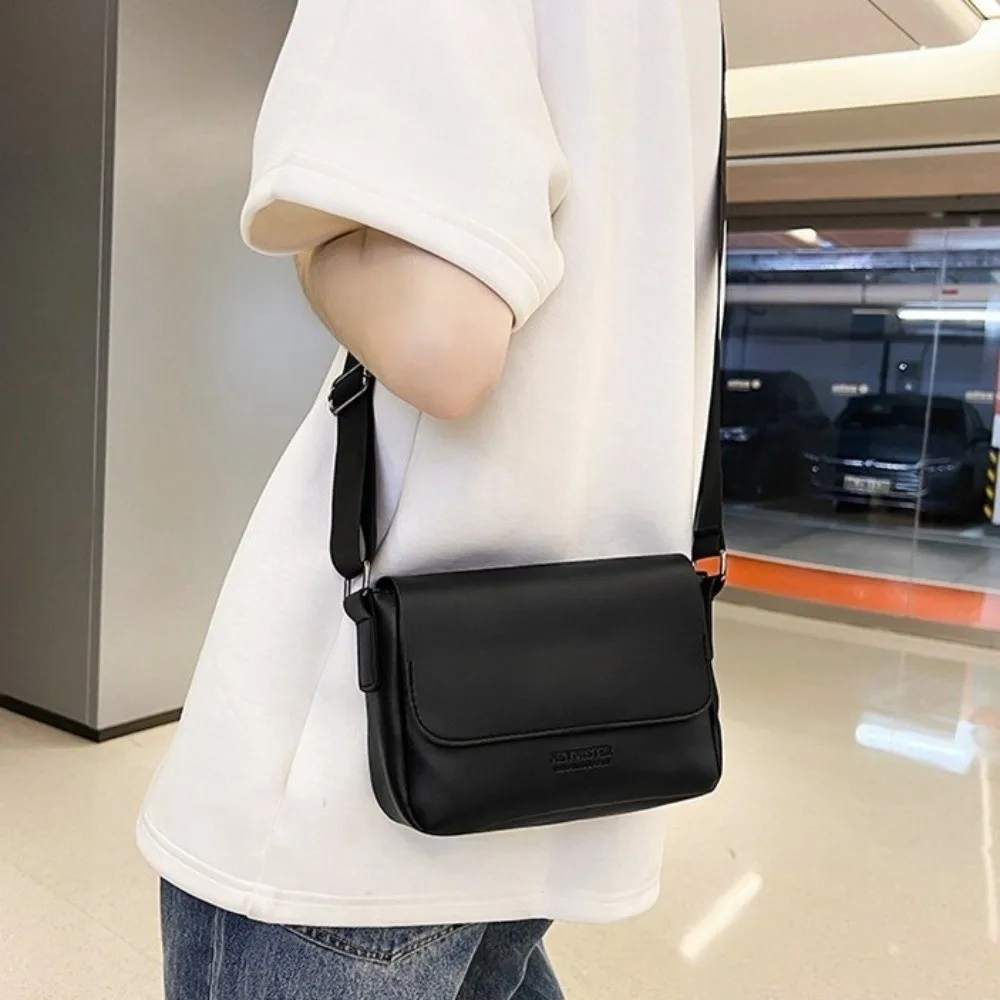 Square Men's Messenger Bag Adjustable Strap Large Capacity PU Leather Shoulder Bag Solid Color Minimalist Crossbody Bag College