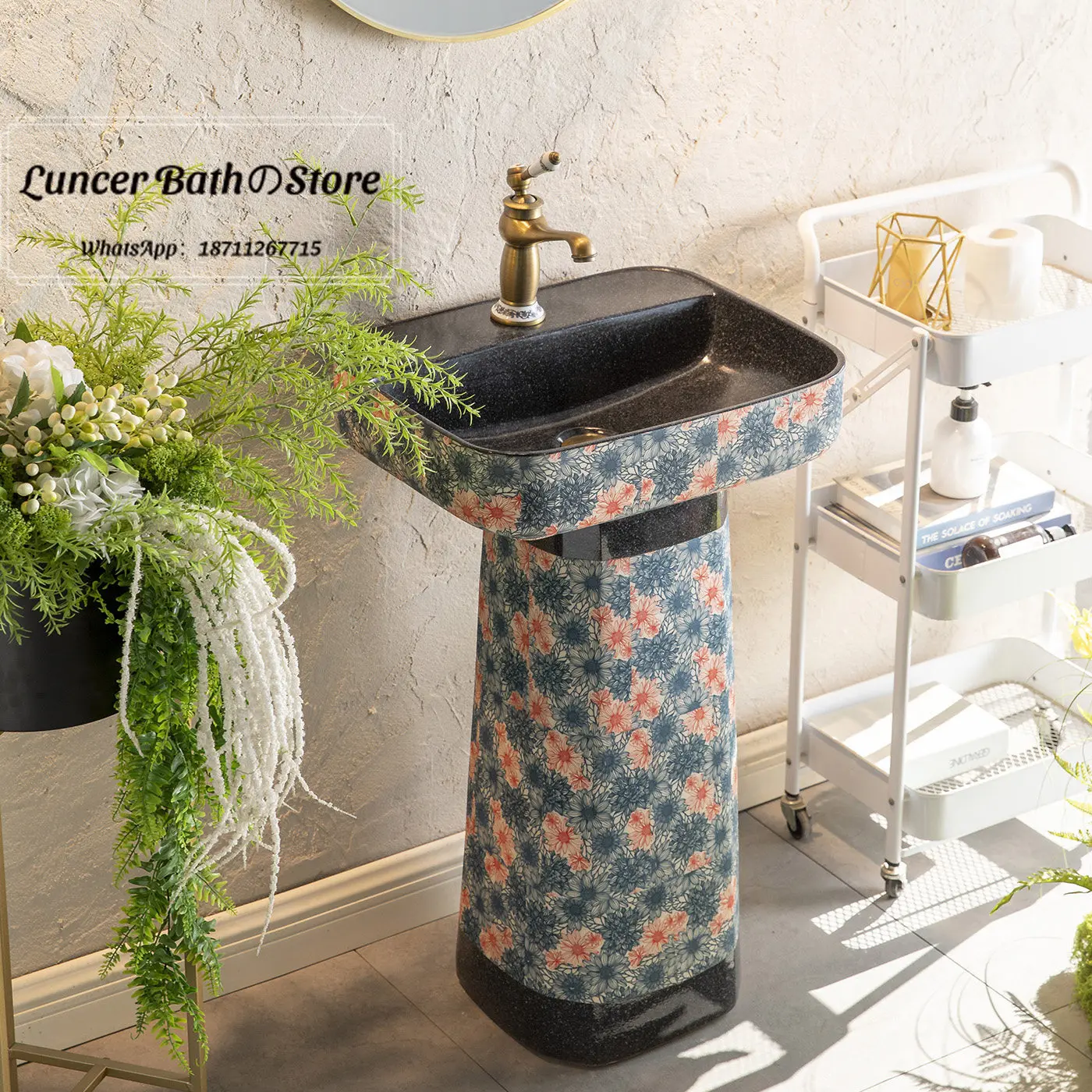 

Minimalist Floor Standing Pedestal Sink, Outdoor Vintage Blue White Porcelain Wash Basin for Courtyard, Bathroom