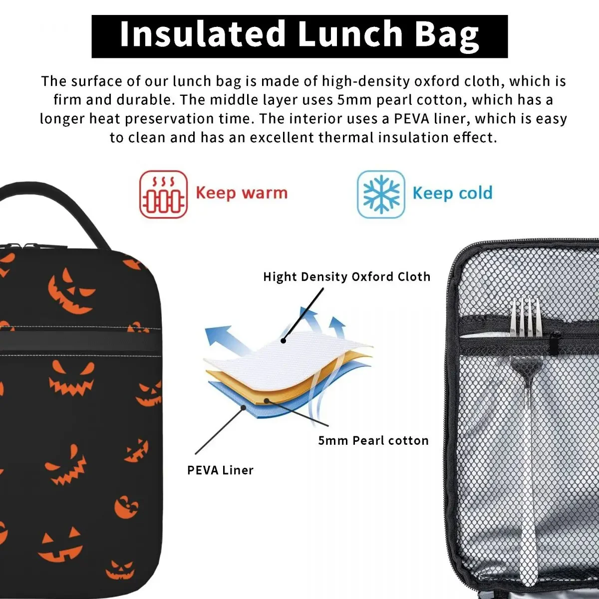 Halloween Pompoen Geïsoleerde Lunchzak Met Hoge Capaciteit Lunchcontainer Thermische Tas Tote Lunchbox Werk Reisvoedselzak