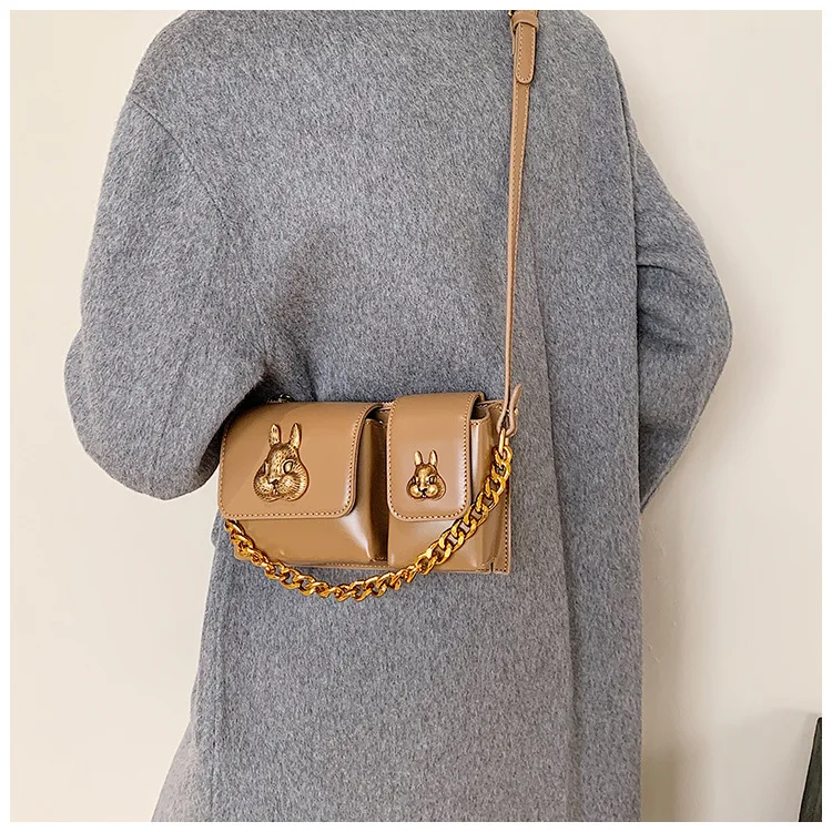 Niche Design Rabbit Metal Chain Small Square Bag Women\'s Ins New High Quality Fashion Single Shoulder Bag Adult PU Crossbody Bag