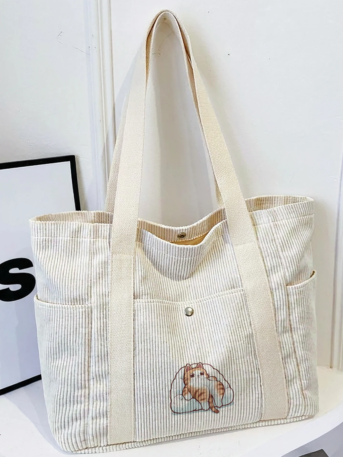 Cute Orange Cat Print Tote Bag, Large Capacity With Side Pockets, For Shopping, Travel, School And Daily Commute