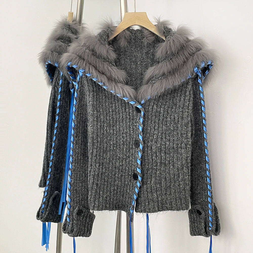 ショート丈カーディガン レディース 本物のフォックスファー ジャケット リアルファー ニットウェア 2025 ニットセーター 女性 春秋 本物のファー ニット レディース