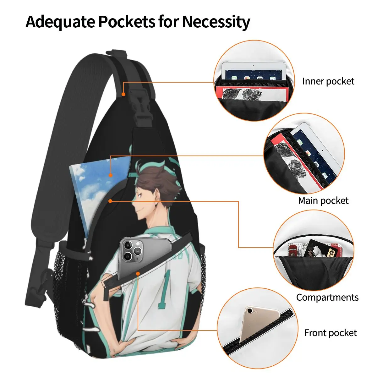 Haikyuu-mochila cruzada Toru Oikawa, bolso de pecho a la moda, mochila de hombro de Anime japonés, mochila de día para senderismo, viaje y ciclismo