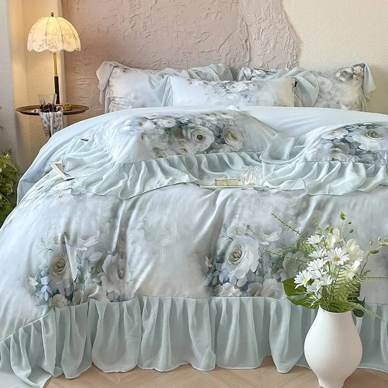 French Romantic 100%Cotton Brushed Bedding Set Vibrant Chic Flowers Wide Chiffon Ruffie Edge Duvet cover Bed Sheet Pillowcases