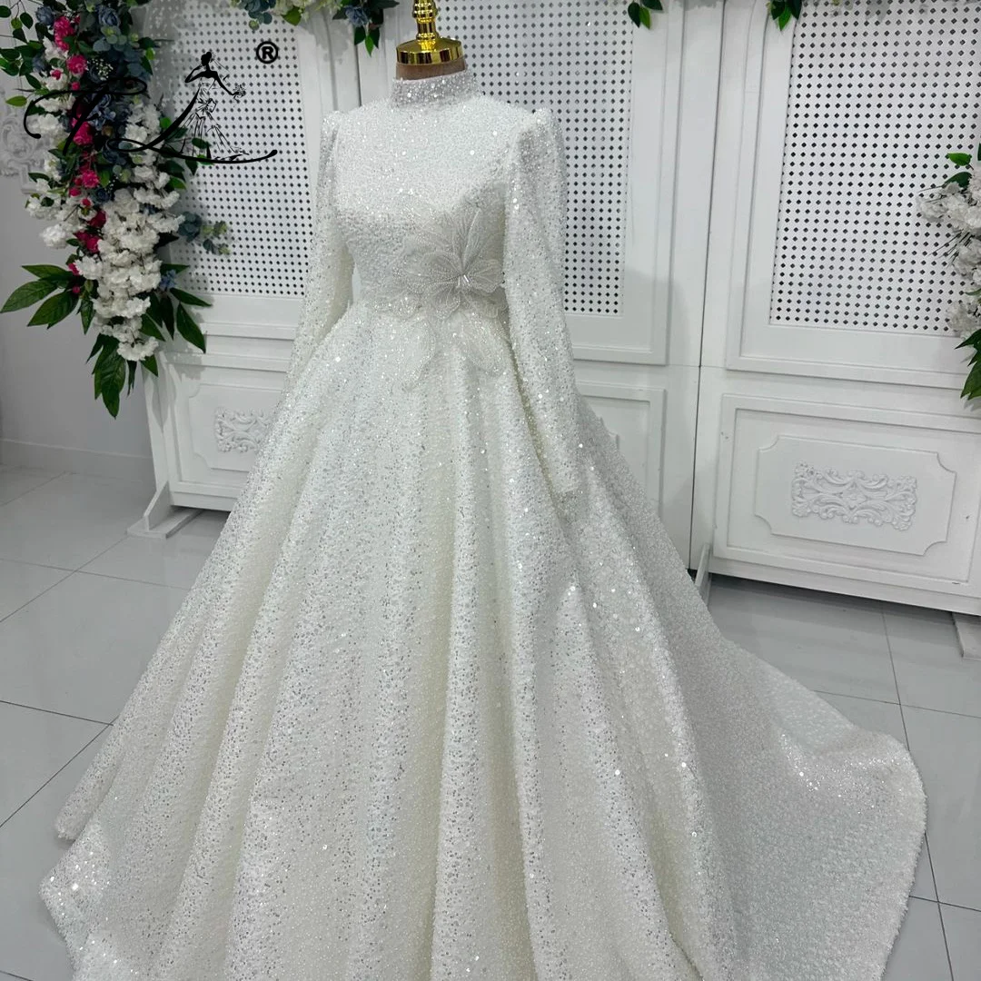 Floria Elegant High Neck Customized A-line with Flowers Sequins Embellished Wedding Dress for Women Bride 2025 Vestido De Novia