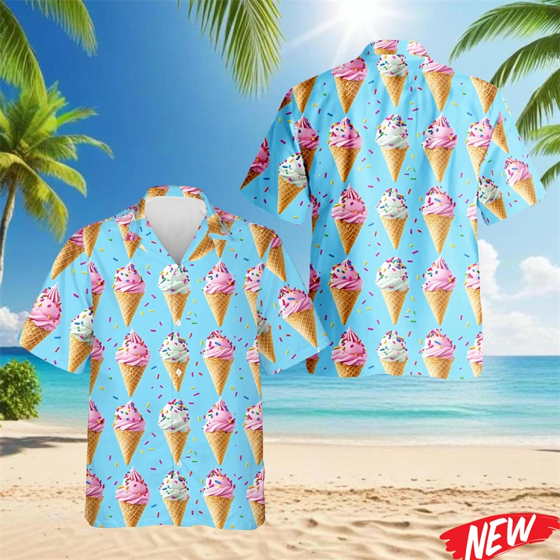 Camisa Havaiana com Estampa Colorida de Sorvete para Homens e Mulheres, Camisas de Botão de Secagem Rápida, Blusas de Verão de Manga Curta, Blusa Solt