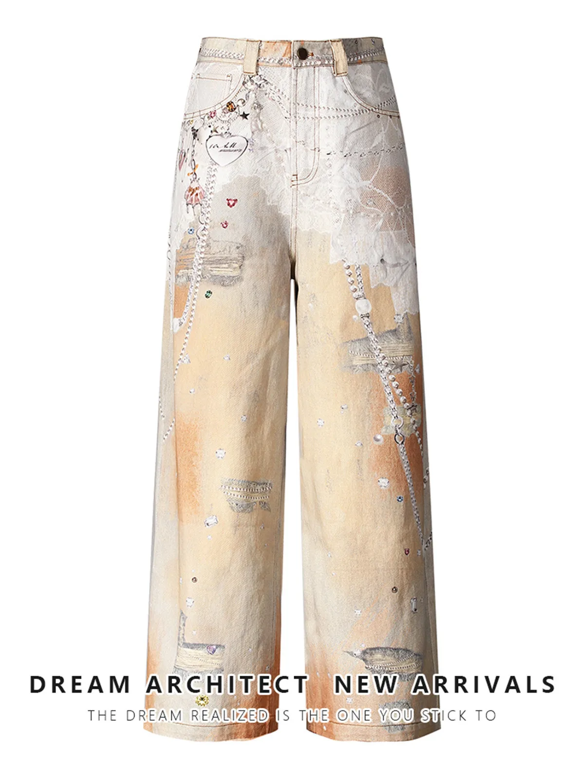 American Orange Chain Lace Hand-Painted Loose Straight Wide Leg Jeans Long Pants Women Summer Trend High Waist Cotto...