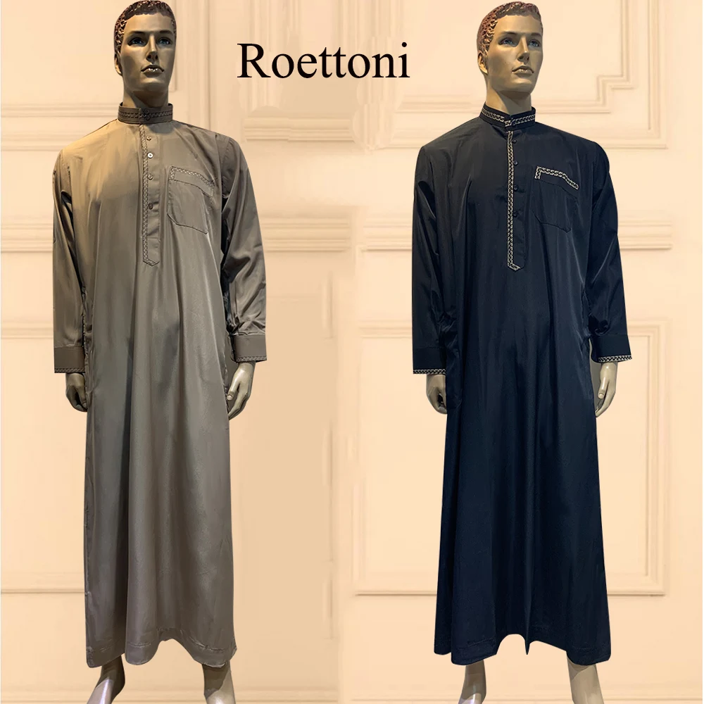 1 Piece Low Neck Ethnic Shirt Muslim Men\'s Jubba Thobe Kaftan Prayer Dress Qatar Pakistan Djellaba Islam Cloth Arabic Long Robe