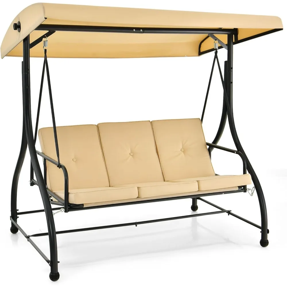 

3 Seat Outdoor Porch Swing, 2-in-1 Swing Glider with Adjustable Canopy, Removable Cushions, Foot Pad, Curved handrails, Outdoor