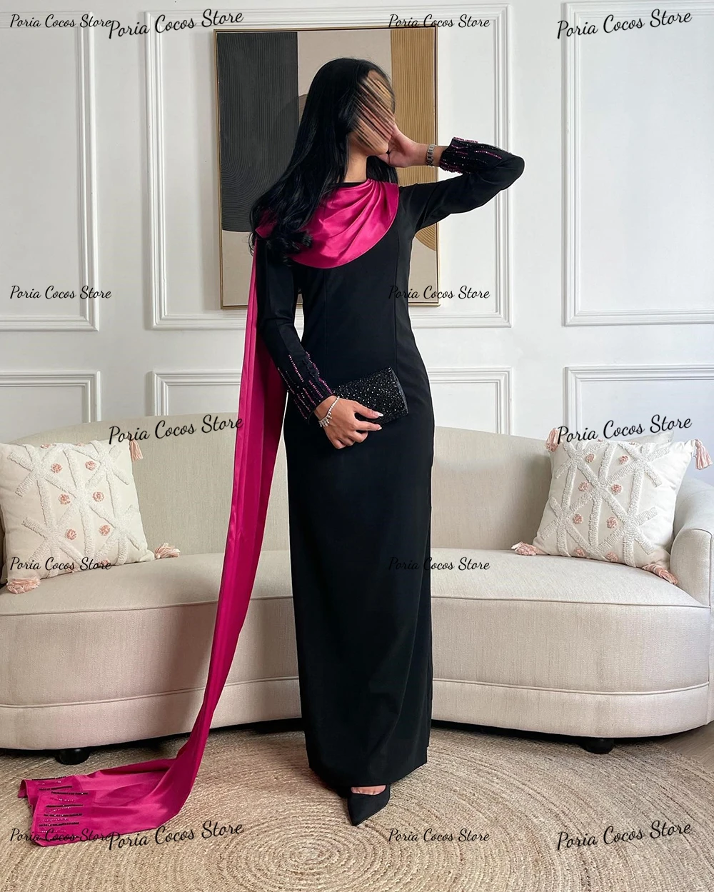 Customized Long Sleeve Straight Middle Eastern Style Evening Contrast Color Round Neck Gown فساتين سهرة فخمه