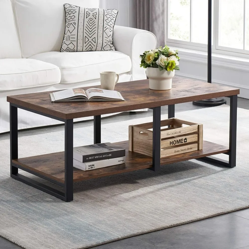 

Industrial Coffee Table for Living Room, Sturdy Wood and Metal Cocktail Table with Open Storage Shelf, 47 inch Rustic Brown