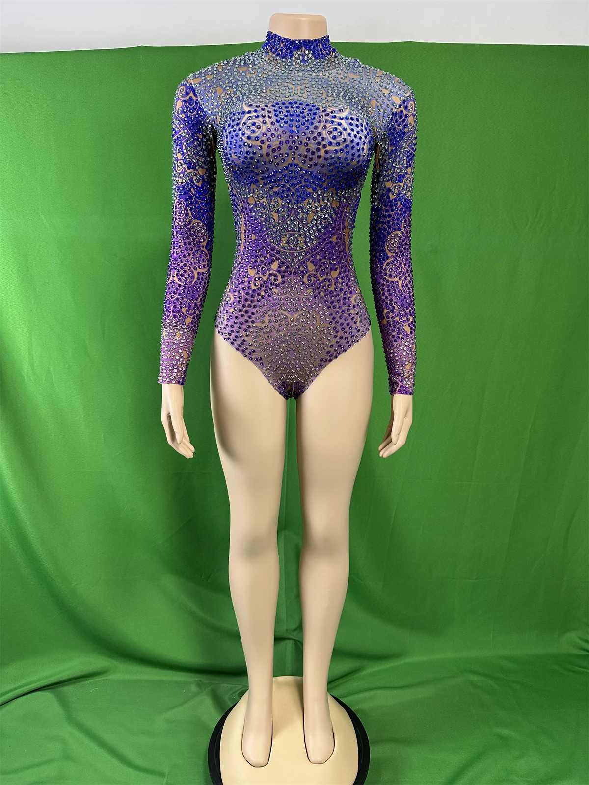 Blue Bodysuits Women Sparkly Long Sleeve Rhinestone Dance Leotard Stage Performance Costume