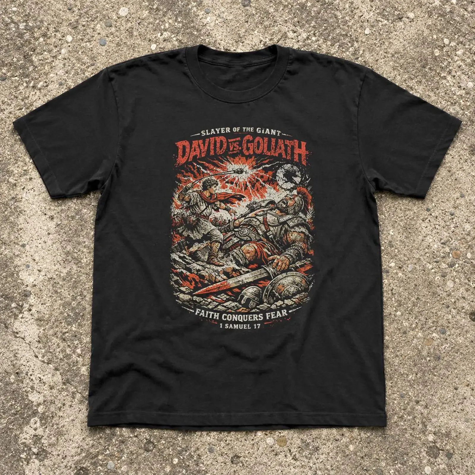 T-shirt vintage David contre Goliath : La foi conquiert la peur, 1 Samuel 17, histoire biblique chrétienne, cadeau religieux pour l'église, vintage délavé