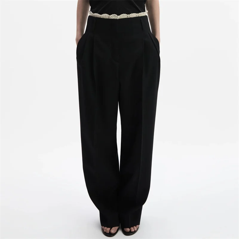 Women's pants New low rise slim fit straight leg pants for summer 2026 Lace patchwork women's suit pants Hemp blend casual pants
