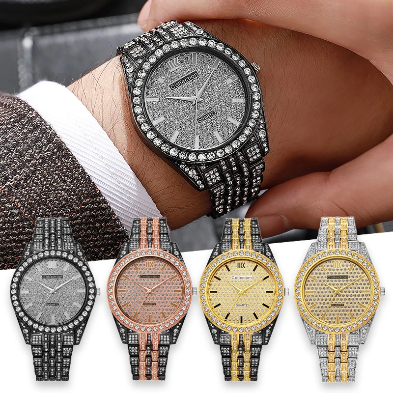 Luxo hip hop aço inoxidável cor de ouro calendário relógio para homem gelado para fora pavimentado strass relógio masculino reloj hombre