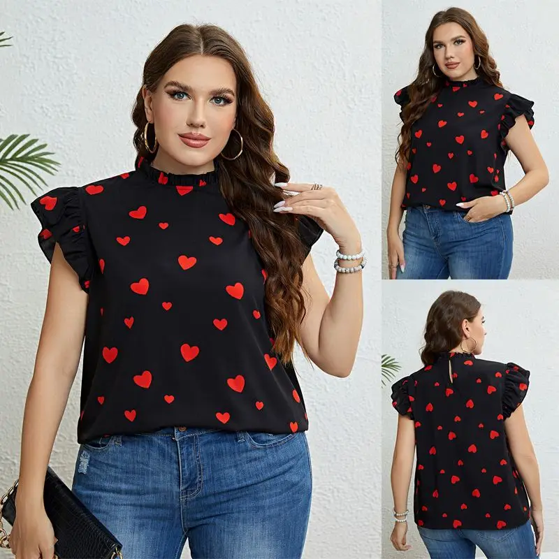 Summer Casual Tops plus Size Heart Print Women irt round Ne ort Sve Floral Print Maxi Dr Other Material 00%