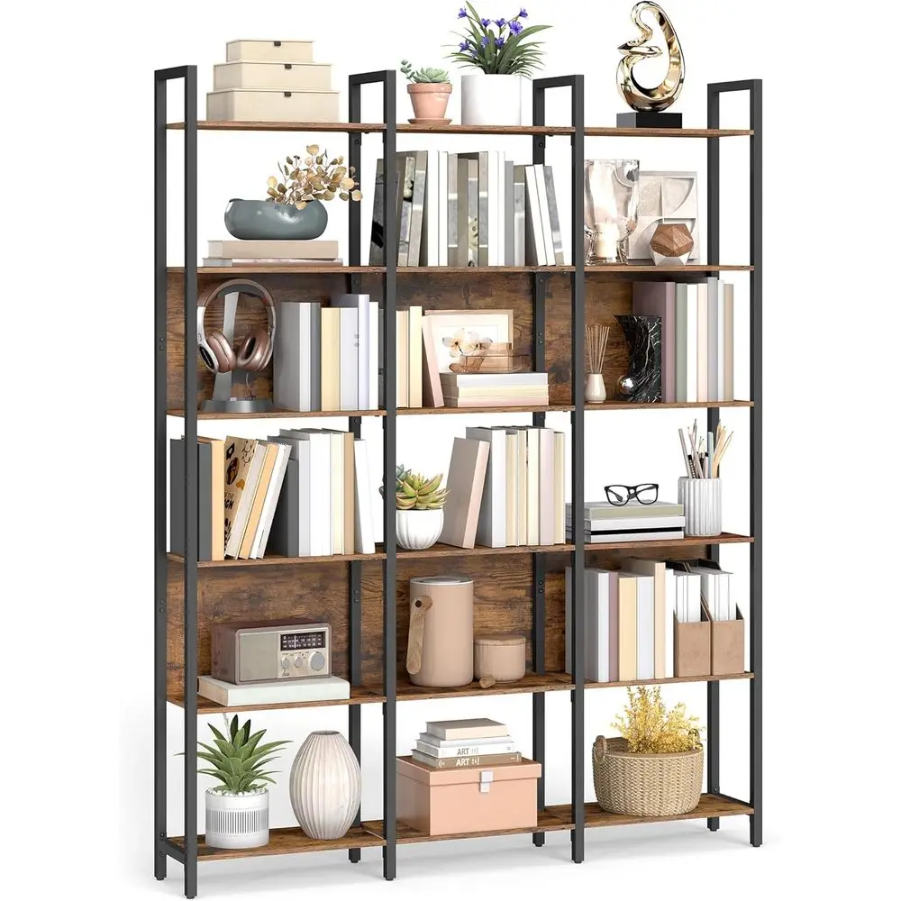 

6-Tier Industrial Bookshelf, Rustic Brown and Ink Black, for Home Office, 9.4x50.4x73.7 Inches