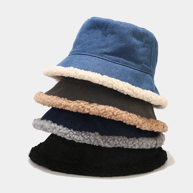 Reversible Denim Faux Fur Bucket Hat for Women Black Grey Cotton Warm Fisherman Hats Sherpa Fur Winter Hat