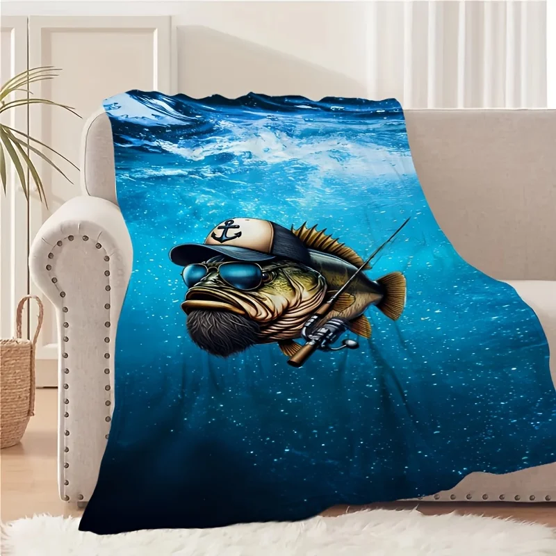 Novelty Ocean Bass Fisherman With Fishing Tackle Art Throw Blanket Used for Couch Naps Camping Picnic Fashion Warm Home Ornament